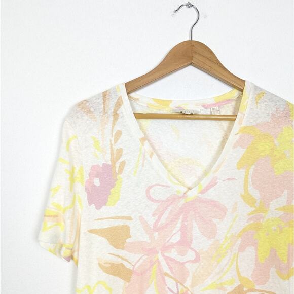 Ted Baker London Pink & Yellow Floral Print Linen Blend V-Neck Tee - Picture 4 of 7